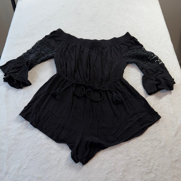Hint of Blush Pants - Hint of Blush Romper Womens L Black Good Crochet Lace Sleeve Boho Off Shoulder